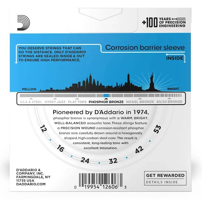 D'Addario EJ16 acoustic guitar strings 3-pack with light gauge 12-53, shown on a guitar for clear, natural sound.