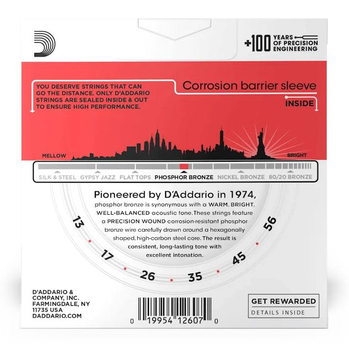Set of three D'Addario EJ17 13-56 acoustic guitar strings arranged on a plain background