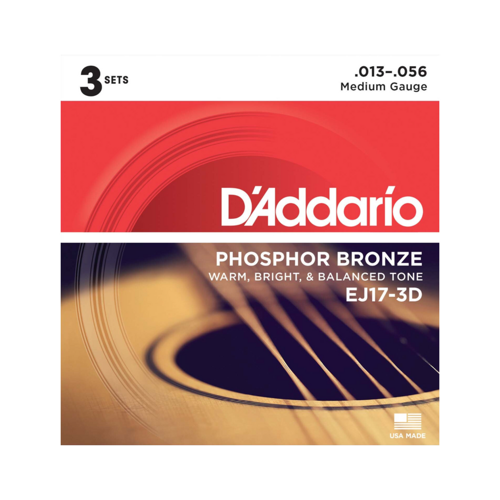 D'Addario EJ17 13-56 acoustic guitar strings 3-pack, showing three sets of high-quality acoustic strings for guitars.