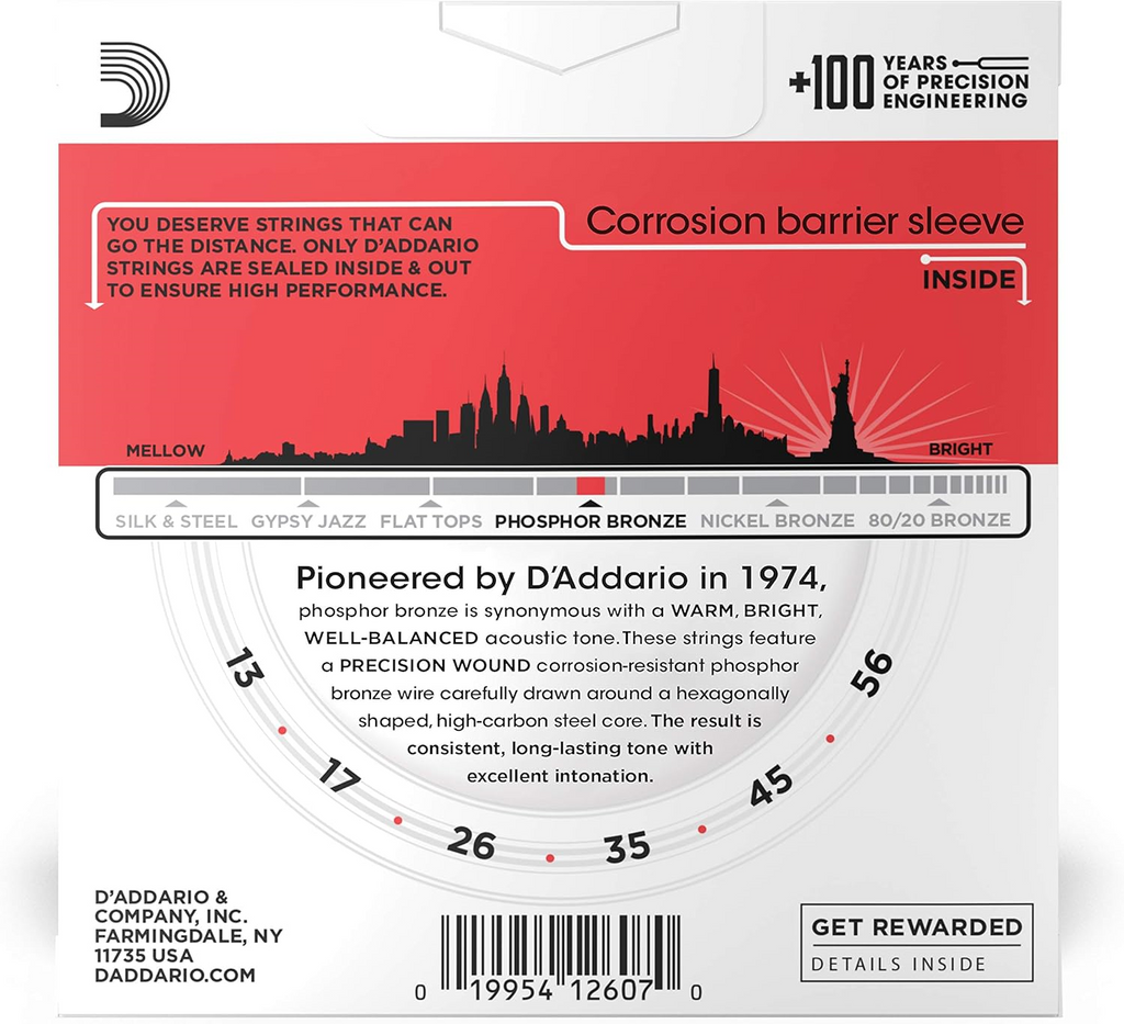 D'Addario EJ17 13-56 acoustic guitar strings 3-pack, showing three sets of light gauge strings for acoustic guitars.
