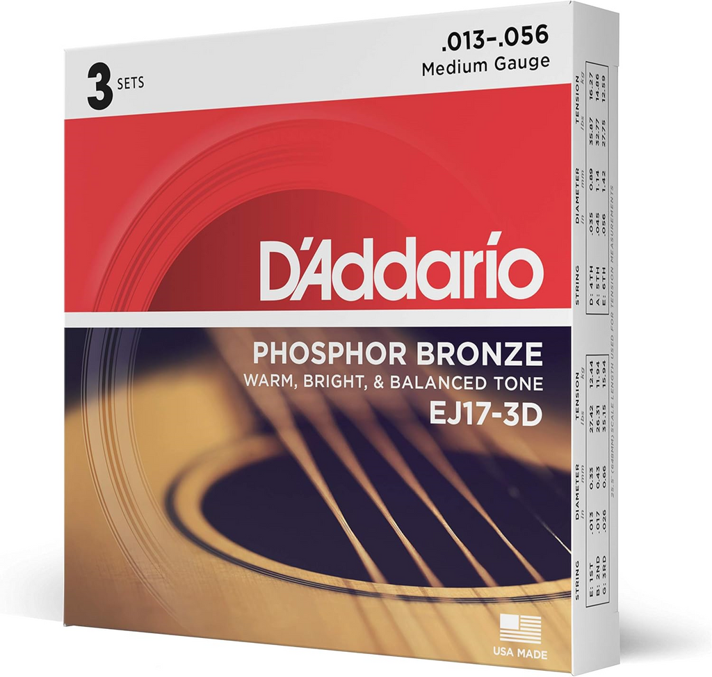 D'Addario EJ17 13-56 acoustic guitar strings 3-pack, showing three sets of light gauge strings for acoustic guitar.