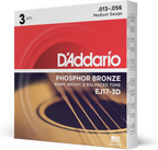 D'Addario EJ17 13-56 acoustic guitar strings 3-pack, showing three sets of light gauge strings for acoustic guitar.