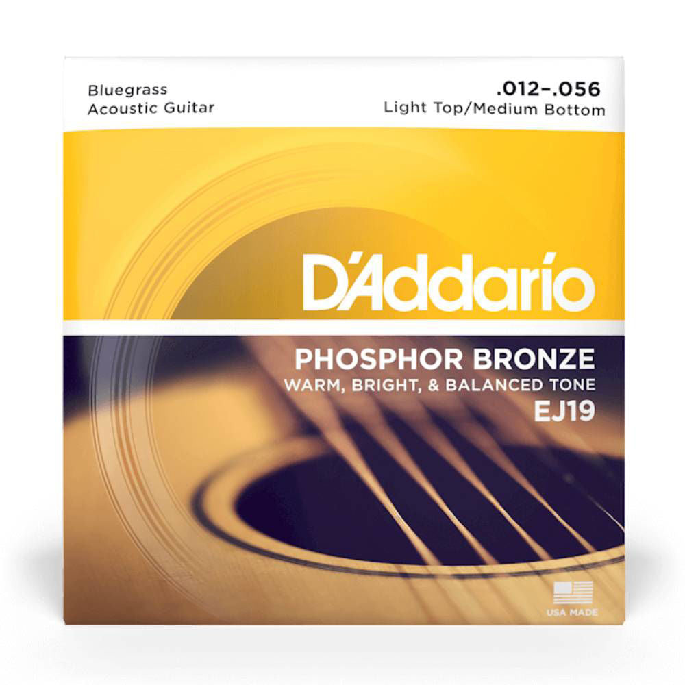 D'Addario EJ19 Phosphor Bronze Acoustic Guitar Strings in 12-56 gauge, suitable for bluegrass style playing, shown on the package.