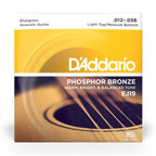 D'Addario EJ19 Phosphor Bronze Acoustic Guitar Strings in 12-56 gauge, suitable for bluegrass style playing, shown on the package.