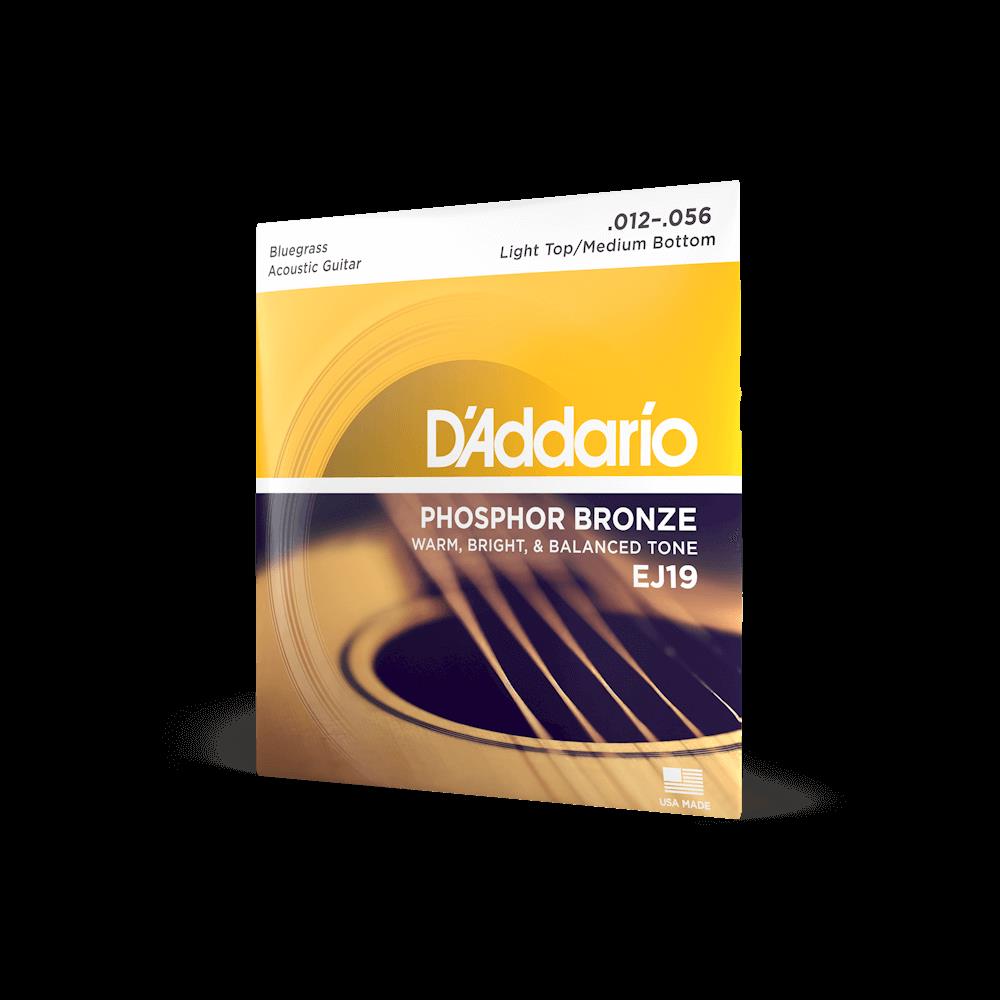 D'Addario EJ19 Phosphor Bronze Acoustic Guitar Strings in bluegrass gauge 12-56, shown on a guitar fretboard.