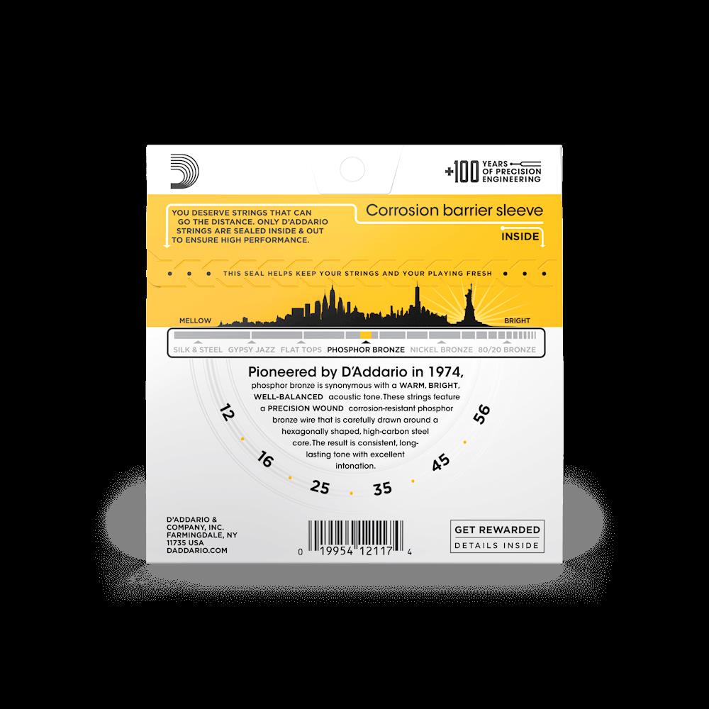 D'Addario EJ19 Phosphor Bronze Acoustic Guitar Strings in blue, 12-56 gauge, shown on a guitar for bluegrass music.