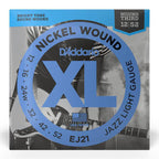 D'Addario EJ21 Jazz Light electric guitar strings set with 12-52 gauge, featuring nickel-plated steel for smooth sound and playability.