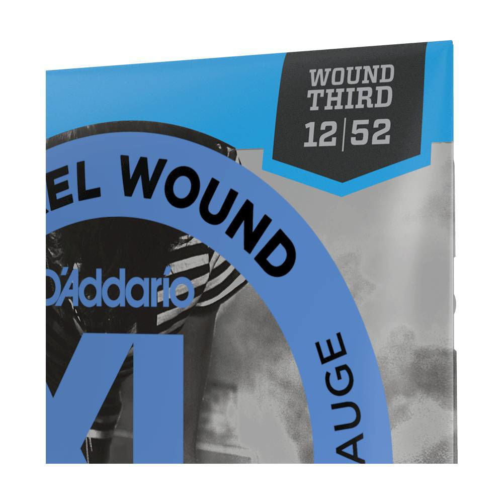 D'Addario EJ21 Jazz Light electric guitar strings in 12-52 gauge, shown on a guitar with a focus on the string set.