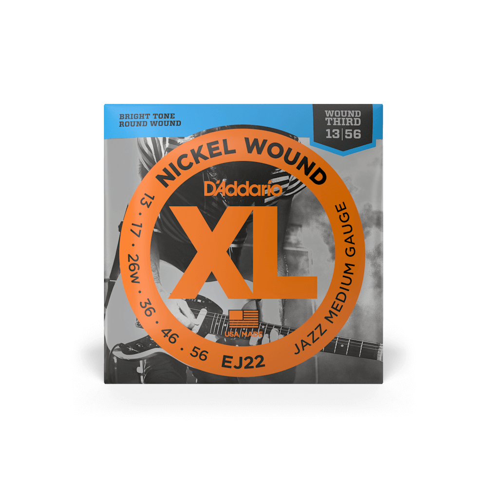 D'Addario EJ22 Jazz Medium Electric Guitar Strings in XL Nickel, showing a set of six guitar strings on a plain background.