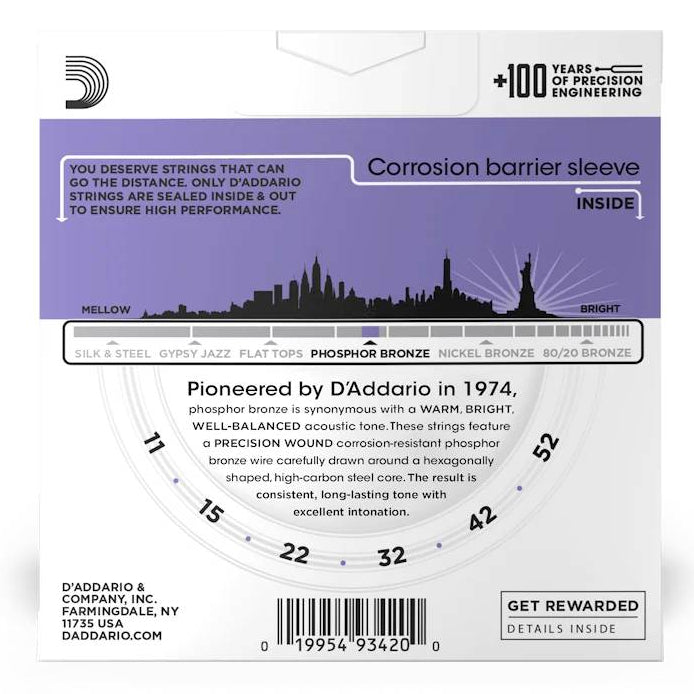 D'Addario EJ26 11-52 acoustic guitar strings 3-pack, showing three sets of high-quality D'Addario brand acoustic strings.