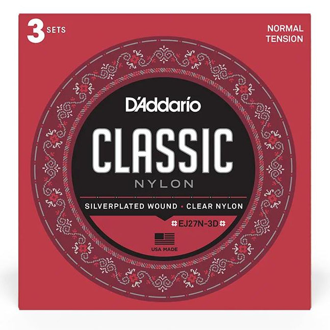 D'Addario EJ27N-3D nylon classical guitar strings in a 3-pack, normal tension, shown in a clear image.