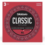 D'Addario EJ27N-3D nylon classical guitar strings in a 3-pack, normal tension, shown in a clear image.