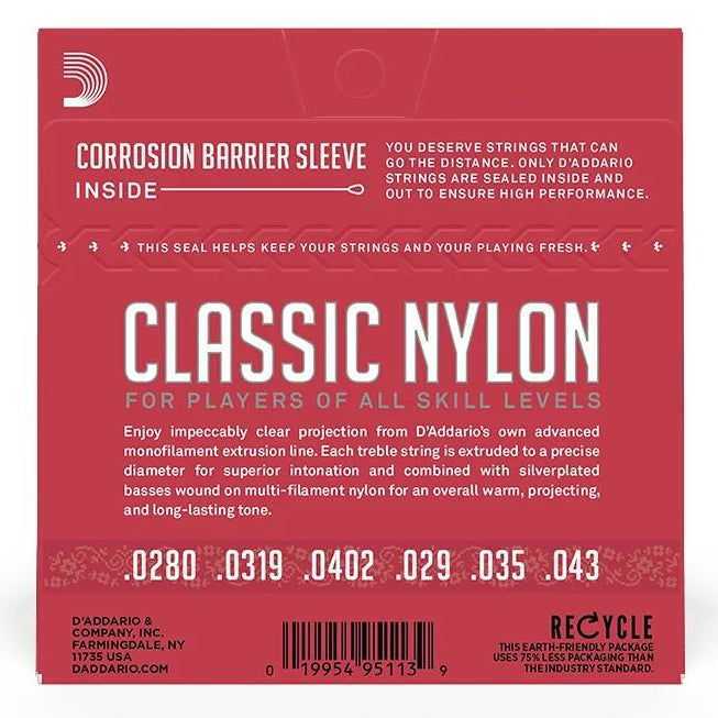 D'Addario EJ27N-3D nylon classical guitar strings in a 3-pack, normal tension, shown in the image.