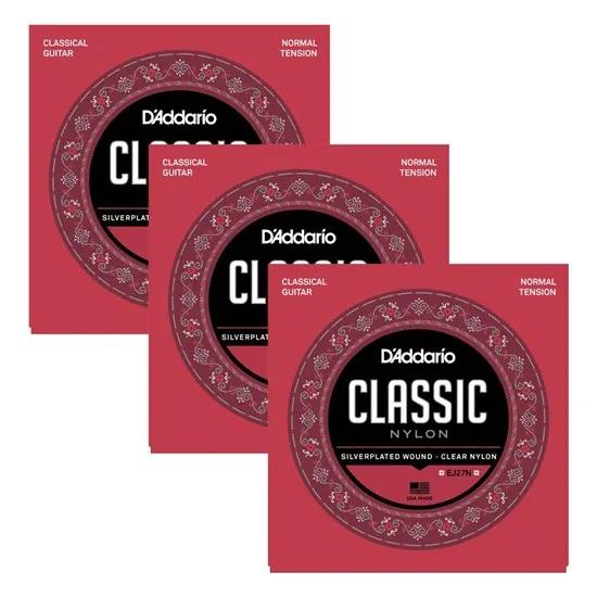 D'Addario EJ27N-3D nylon classical guitar strings, normal tension, 3-pack, for acoustic classical guitars.