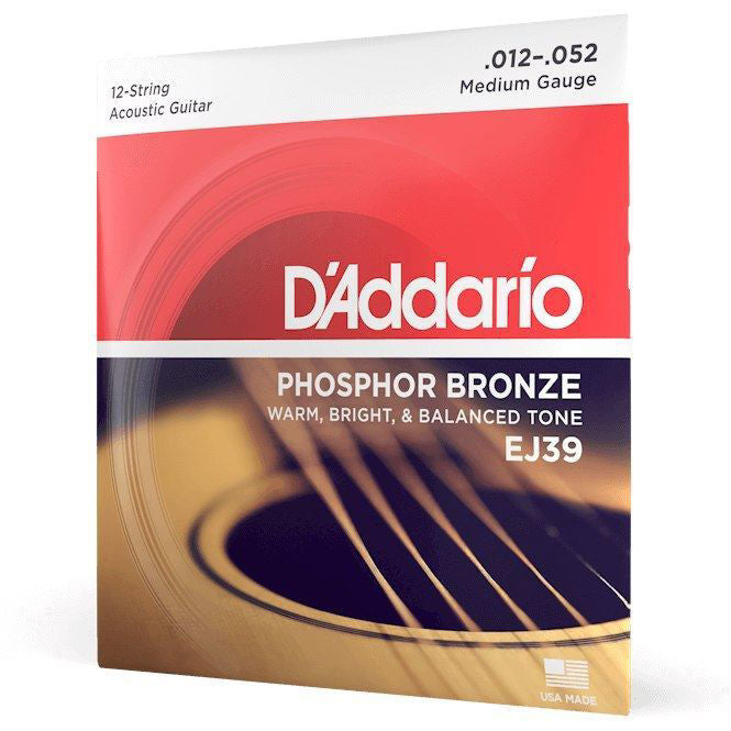 D'Addario EJ39 12-string acoustic guitar strings set with phosphor bronze wound strings, medium gauge 12-52, on a guitar.