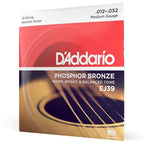 D'Addario EJ39 12-string acoustic guitar strings set with phosphor bronze wound strings, medium gauge 12-52, on a guitar.