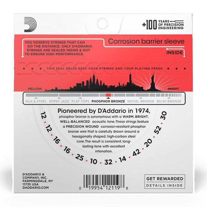D'Addario EJ39 12-string acoustic guitar strings set with phosphor bronze, medium gauge 12-52, displayed on a guitar.