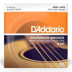D'Addario EJ41 Phosphor Bronze 12-string acoustic guitar strings, extra light gauge 9-45, displayed on a guitar.
