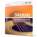 D'Addario EJ41 phosphor bronze 12-string acoustic guitar strings, extra light gauge 9-45, string set on a guitar bridge.