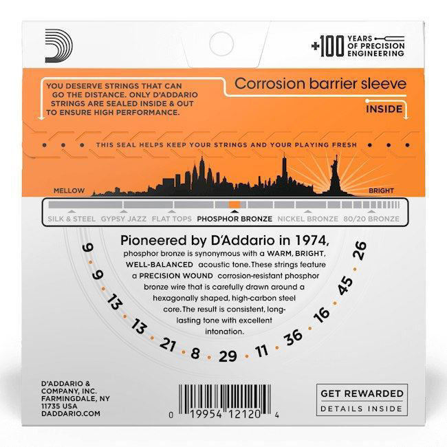 D'Addario EJ41 phosphor bronze 12-string acoustic guitar strings, extra light gauge 9-45, laid out on a white background