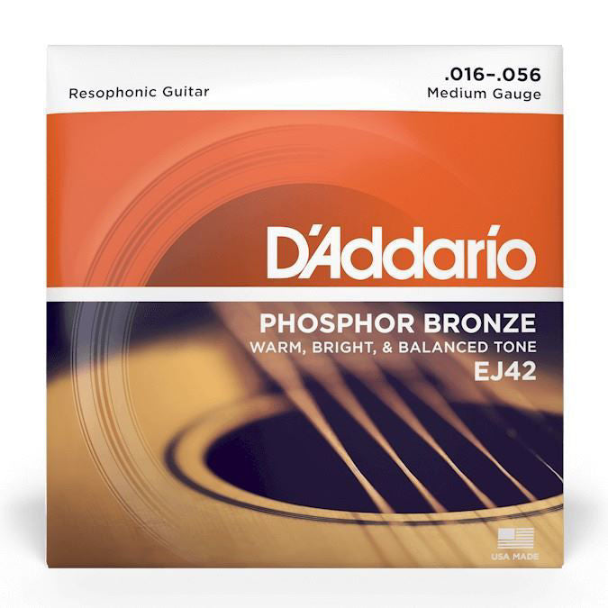 D'Addario EJ42 Resophonic acoustic guitar strings in phosphor bronze, medium gauge 16-56, arranged on a white background.