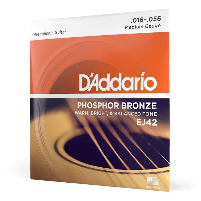 D'Addario EJ42 Resophonic acoustic guitar strings, phosphor bronze, medium gauge 16-56, shown on a guitar.