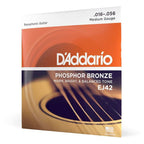 D'Addario EJ42 Resophonic acoustic guitar strings, phosphor bronze, medium gauge 16-56, shown on a guitar.