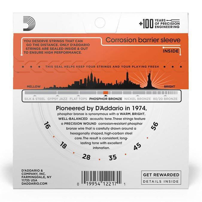 D'Addario EJ42 Resophonic Acoustic Guitar Strings, 16-56 phosphor bronze medium gauge, shown on a guitar.