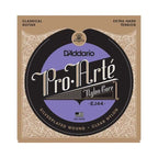 D'Addario EJ44 Pro-Arte nylon classical guitar strings with extra hard tension, shown on a classical guitar.