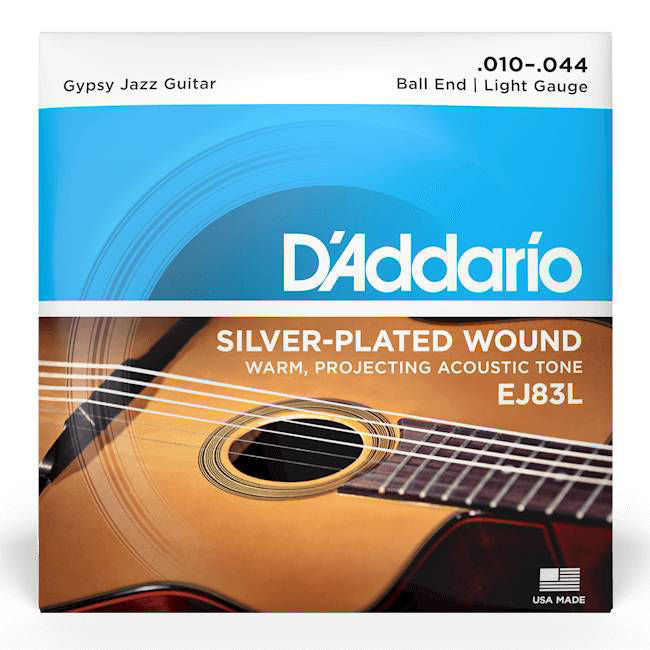 D'Addario EJ83L Gypsy Jazz acoustic guitar strings in 10-44 gauge, shown on a guitar with the packaging visible.