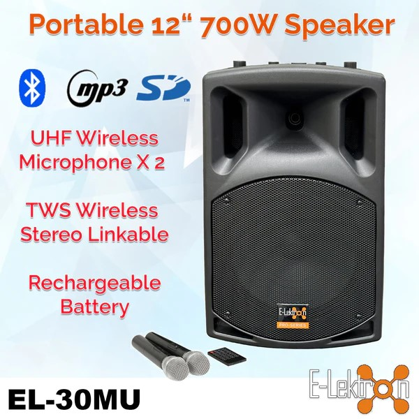 E-Lektron UHF30-M 700W 12 Portable Bluetooth PA Speaker with 2 Wireless Microphones