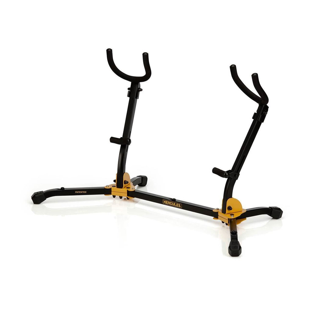 Hercules DS537B brass and woodwind saxophone stand with foam padding for alto and tenor saxophones, sturdy and adjustable.
