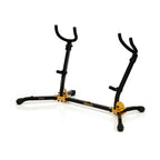 Hercules DS537B brass and woodwind saxophone stand with foam padding for alto and tenor saxophones, sturdy and adjustable.