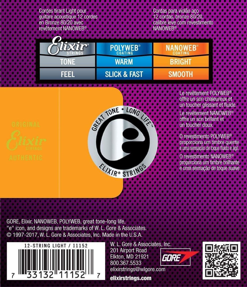 Elixir 11152 10-47 Light Nanoweb 12 String Acoustic Guitar Strings