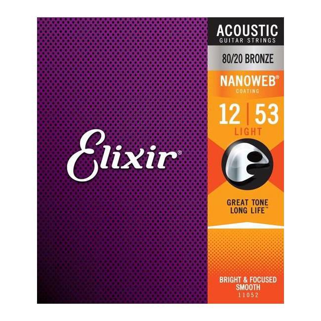 Elixir Elixir 12-53 acoustic guitar strings with NANOWEB coating, light gauge, silver finish, arranged on a guitar fretboard.