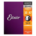 Elixir 11002 10-47 Extra Light Nanoweb acoustic guitar strings on a guitar, showcasing the premium packaging and string details.