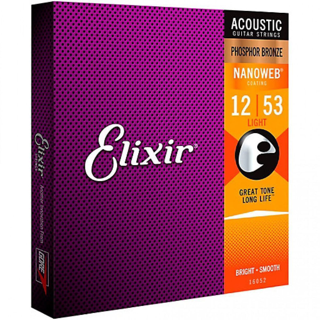 Elixir 12-53 Acoustic Guitar Strings NANOWEB Coated Phosphor Bronze Light Gauge