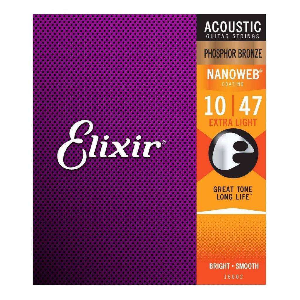 Elixir 16002 10-47 Extra Light Phosphor Bronze Nanoweb Acoustic Guitar Strings on a guitar, showcasing the packaging and string details.