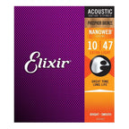 Elixir 16002 10-47 Extra Light Phosphor Bronze Nanoweb Acoustic Guitar Strings on a guitar, showcasing the packaging and string details.