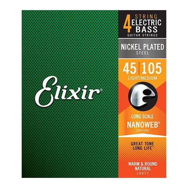 Elixir Elixir 45-105 nickel coated bass guitar strings on a 4-string medium gauge set, featuring NANOWEB coating for durability.