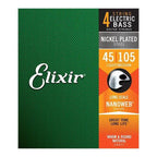 Elixir Elixir 45-105 nickel coated bass guitar strings on a 4-string medium gauge set, featuring NANOWEB coating for durability.