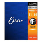 Elixir Elixir 11-49 electric guitar strings with NANOWEB coating, medium gauge, shown on a guitar.