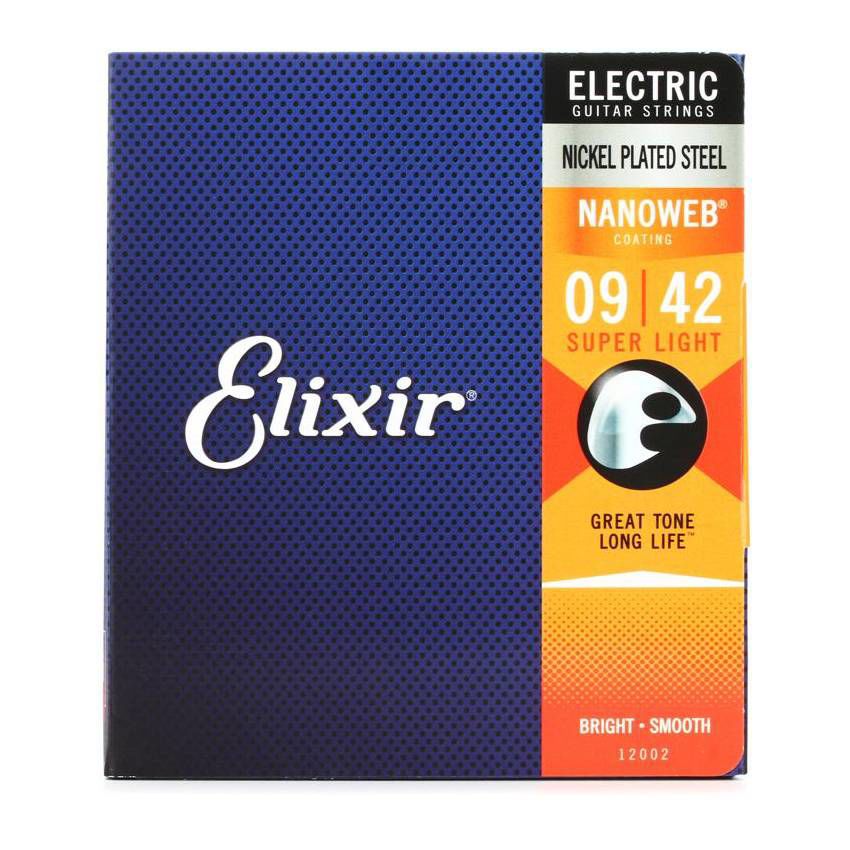 Elixir Elixir 9-42 electric guitar strings with NANOWEB coating, super light gauge, neatly wound on a string spool.