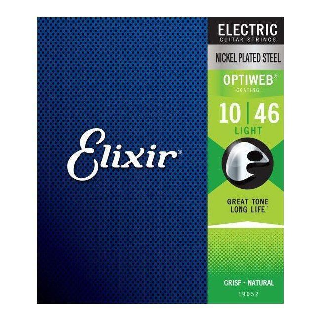Elixir Elixir 10-46 electric guitar strings with OPTIWEB coating, light gauge, shown on a guitar in a close-up image.