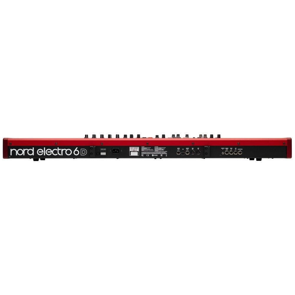 Nord Electro 6D 73-key semi-weighted waterfall stage piano keyboard, black finish, with control knobs and keybed visible.
