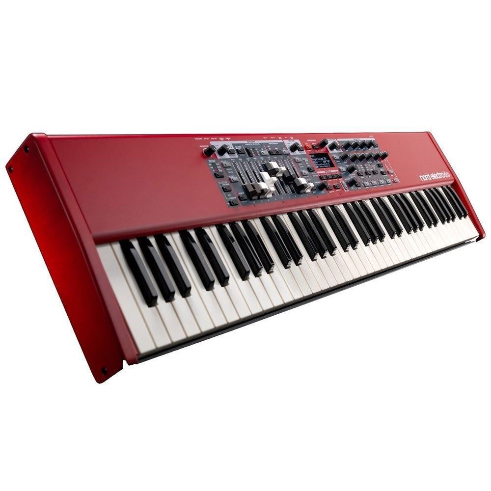 Nord Electro 6D 73-note semi-weighted waterfall keyboard stage piano for performance, featuring sleek design and advanced controls.