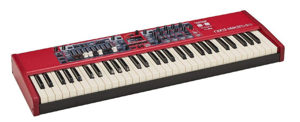 Nord Electro 6D 61-note semi-weighted waterfall keyboard stage piano with black finish, showing its keys and control panel.