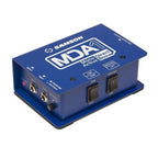 Samson MD1 Mono Active Direct Box for live outboard audio, shown with input and output jacks on a compact metal casing.