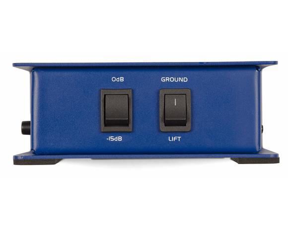 Samson MD1 Mono Active Direct Box for live outboard audio, showing the compact black box with input and output connections.