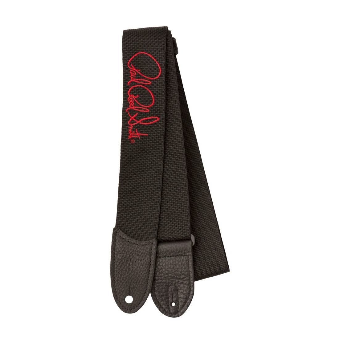 PRS Signature Red Poly Guitar Strap in black with adjustable length and branded logo, designed for comfortable guitar playing.